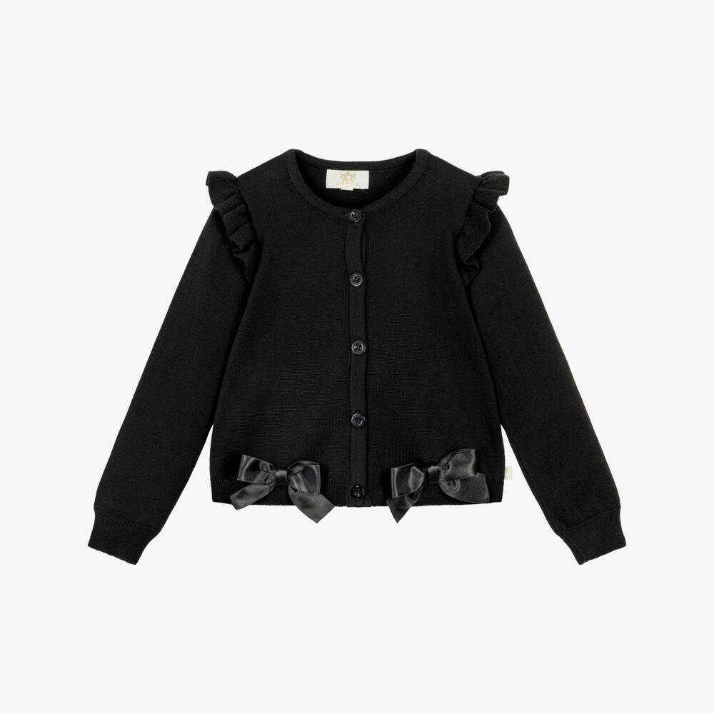 Caramelo Kids-Girls Black Knitted Cardigan with Ruffles & Bows | Childrensalon