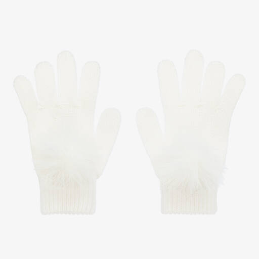 Catya-Girls Ivory Merino Wool Knit Pom-Pom Gloves | Childrensalon