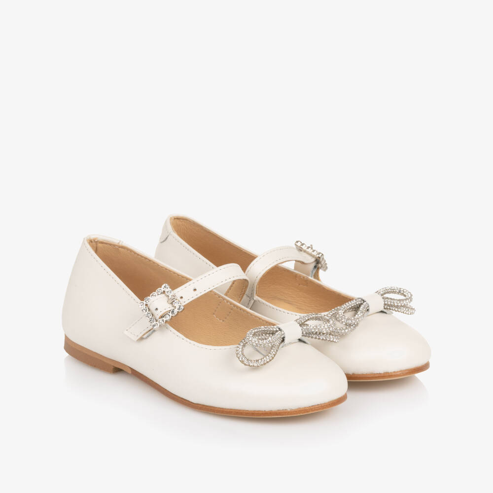 Children's Classics-Girls Ivory Leather Pumps with Diamanté Bows | Childrensalon