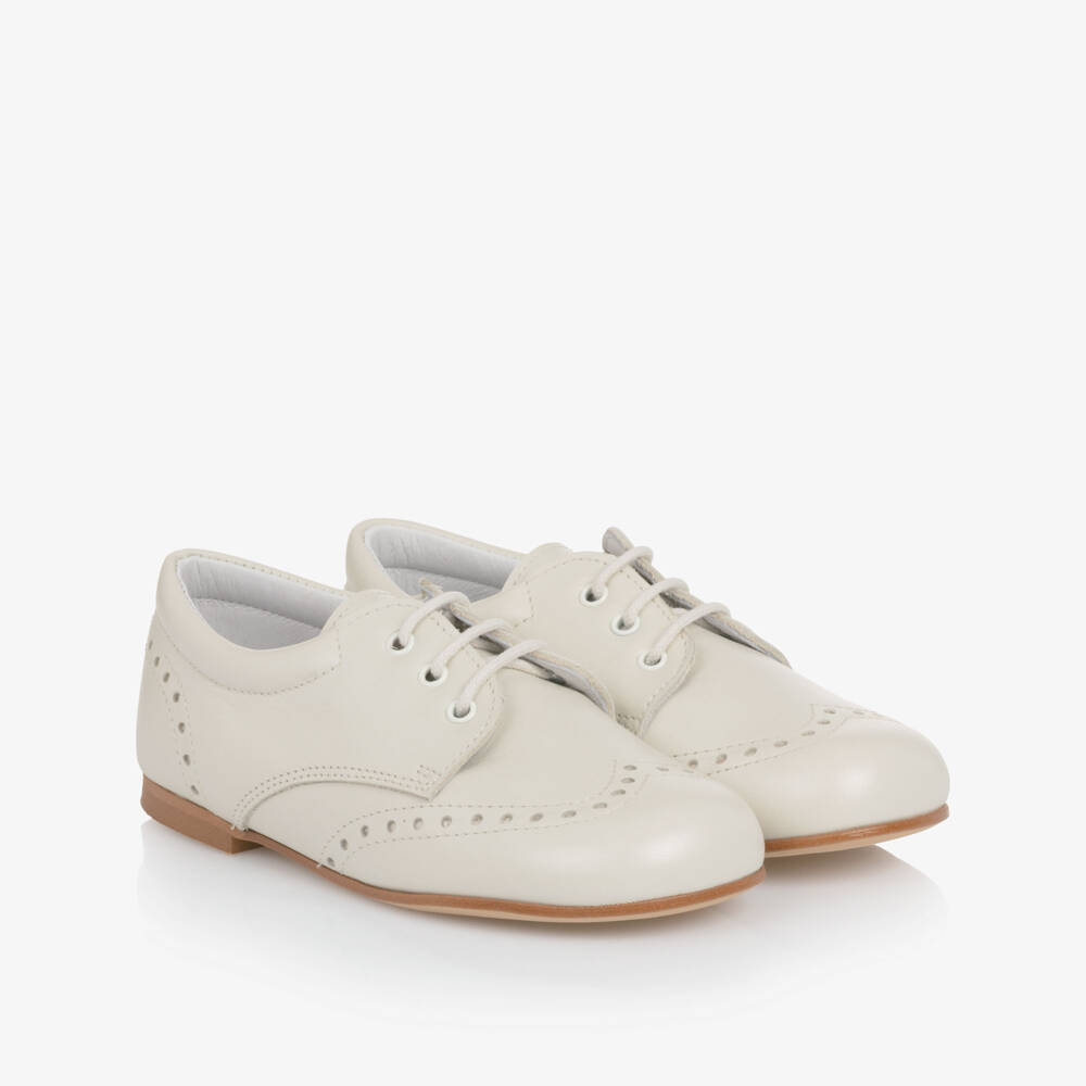 Children's Classics-Pale Beige Leather Lace-Up Brogue Shoes | Childrensalon