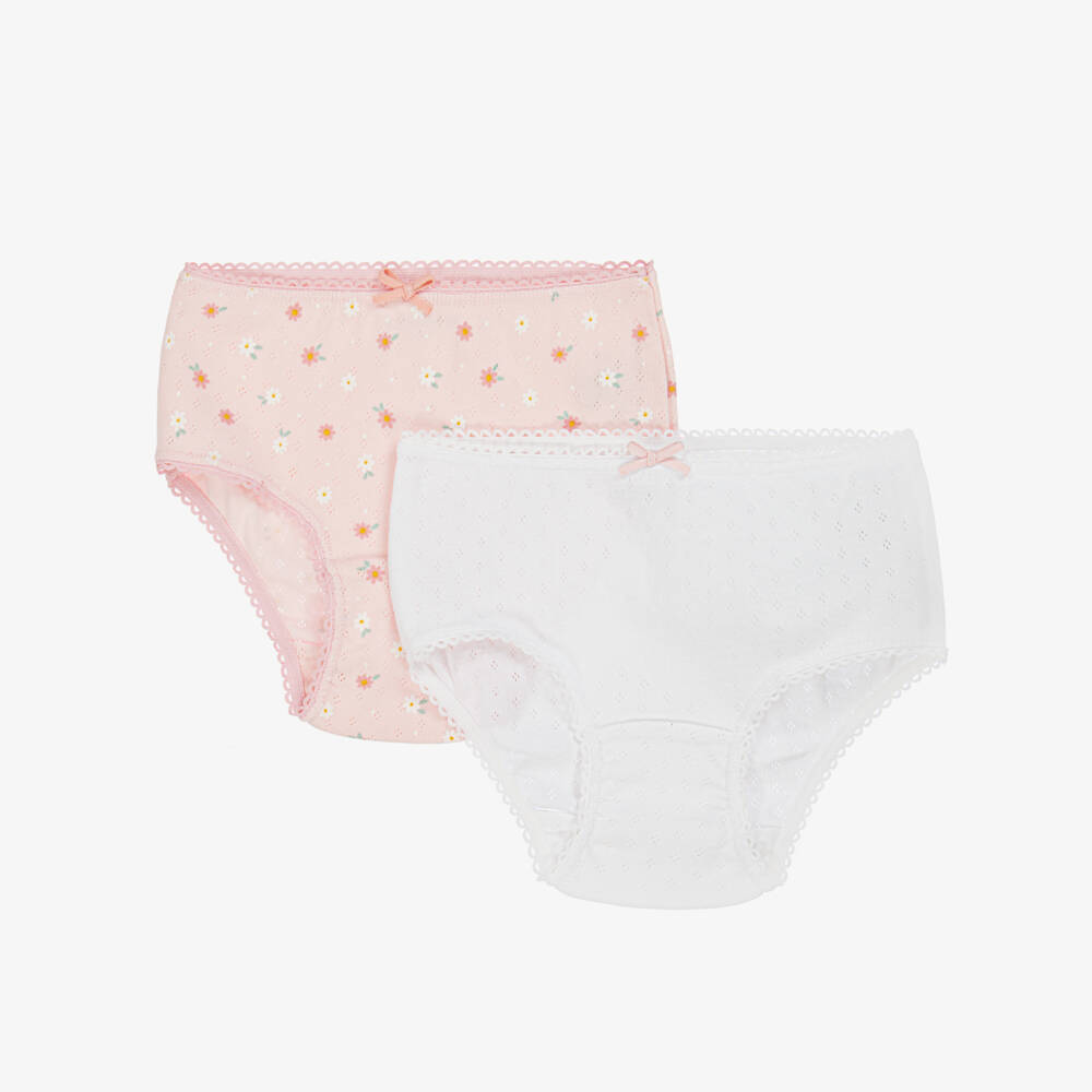 Childrensalon Essentials-Girls White & Pink Floral Organic Cotton Knickers (2 Pack) | Childrensalon