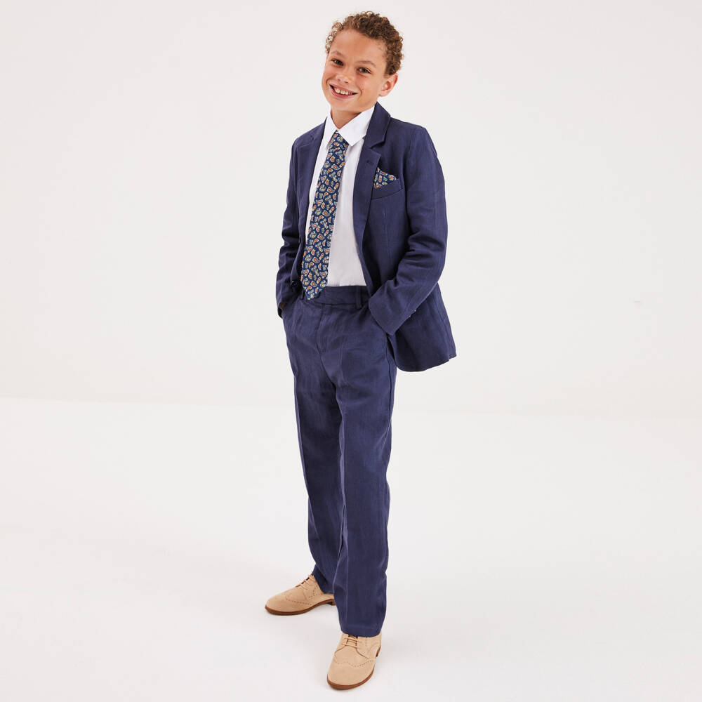 Childrensalon Occasions- Boys Navy Blue Linen Trouser Suit & Tie | Childrensalon