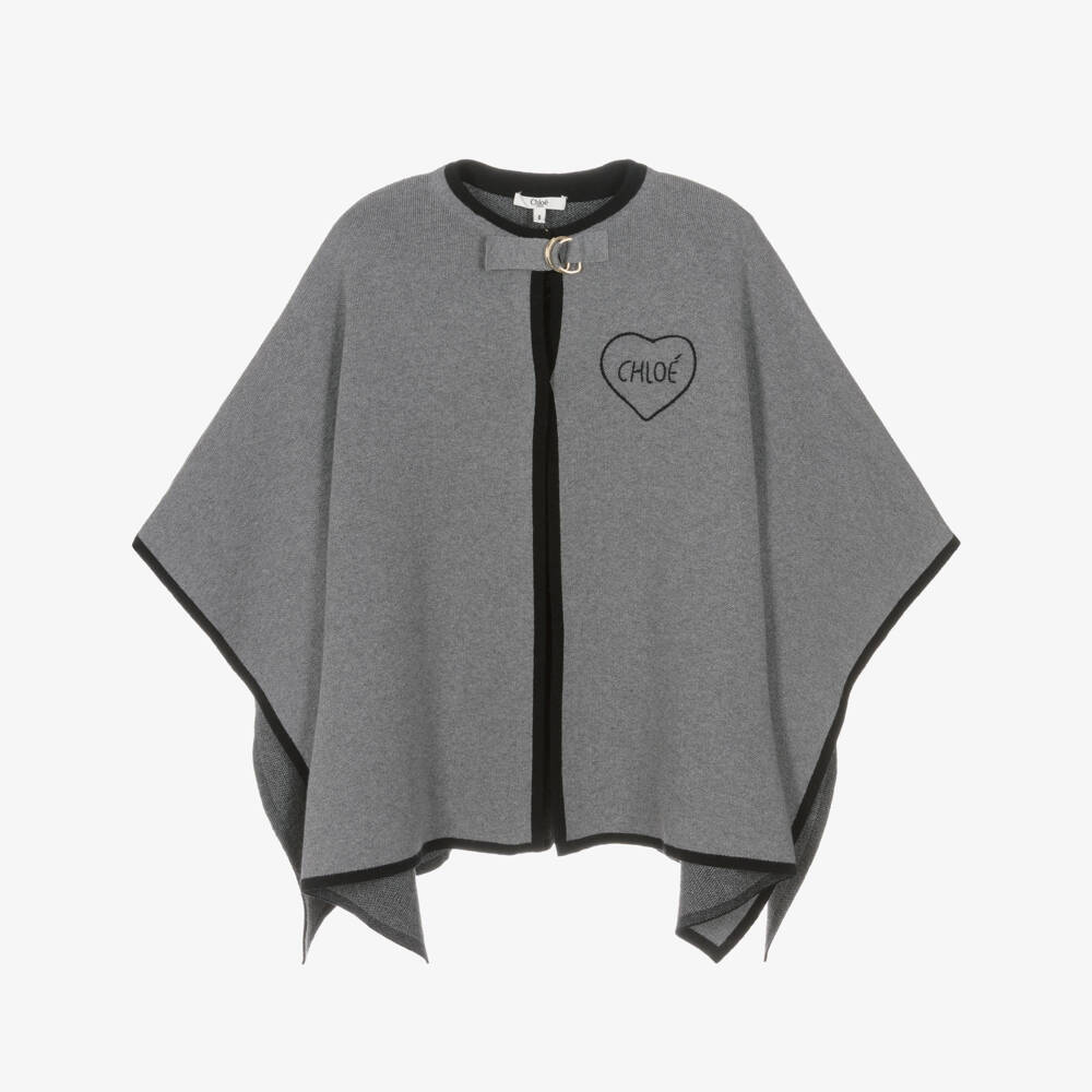 Chloé-Girls Grey Knitted Cape with Heart Logo | Childrensalon
