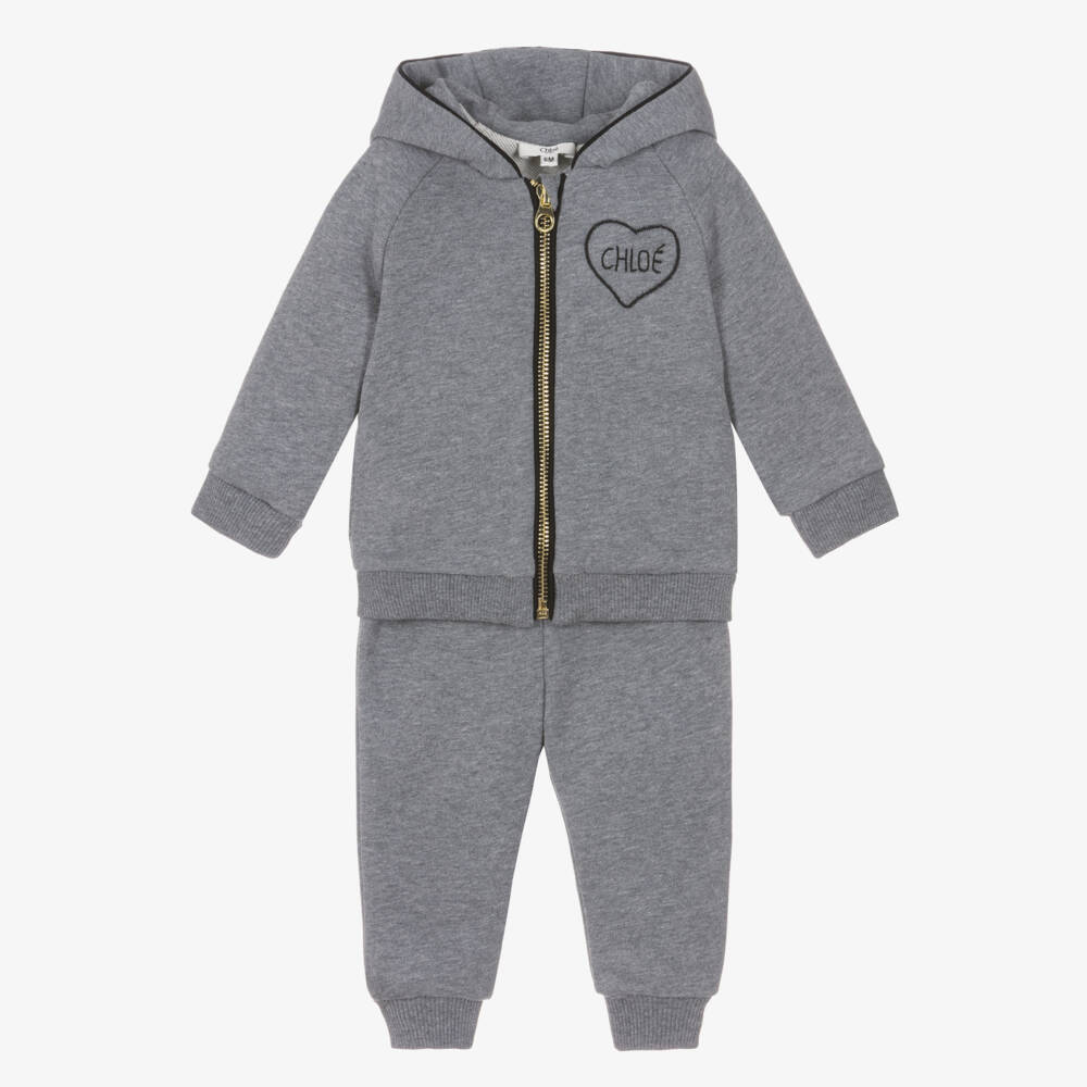 Chloé-Girls Grey Marl Cotton Tracksuit with Heart Logos | Childrensalon