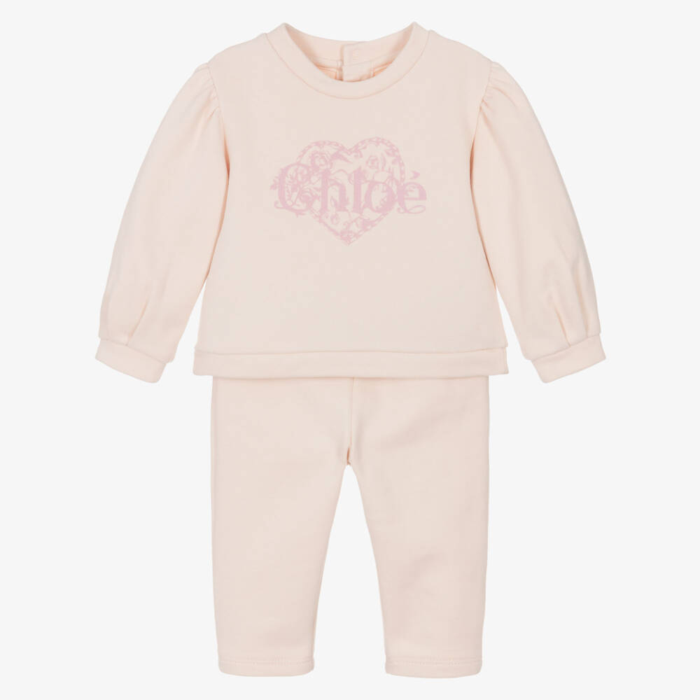 Chloé-Girls Pale Pink Cotton Tracksuit with Heart Motif | Childrensalon