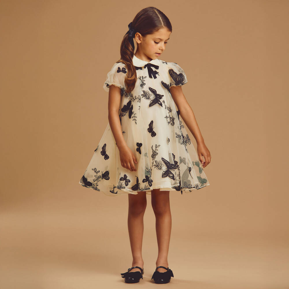 Coeur by Childrensalon-Girls Ivory Tulle Dress with Embroidered Black Butterflies | Childrensalon