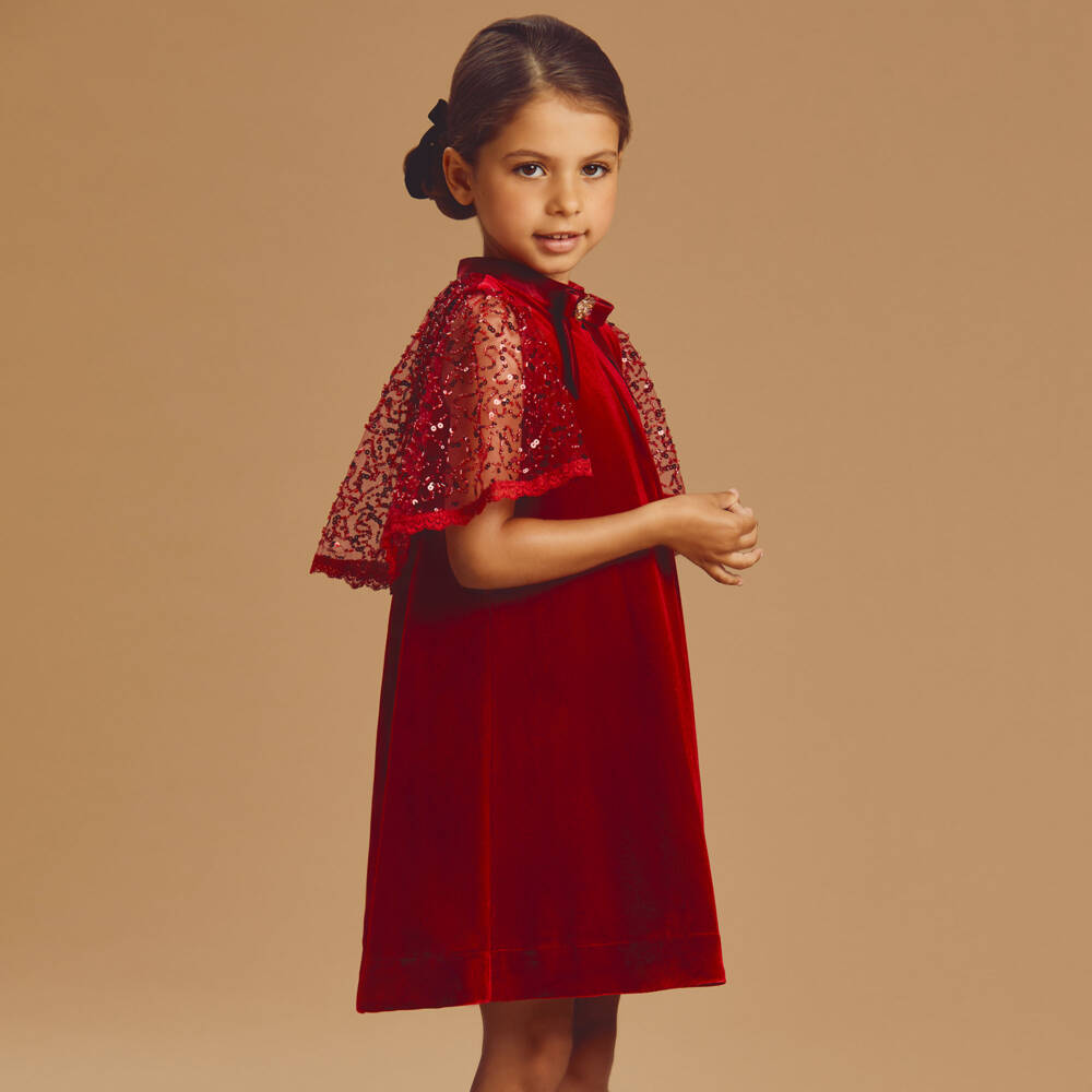 Coeur by Childrensalon-Girls Red Velvet Dress with Tulle Cape  | Childrensalon