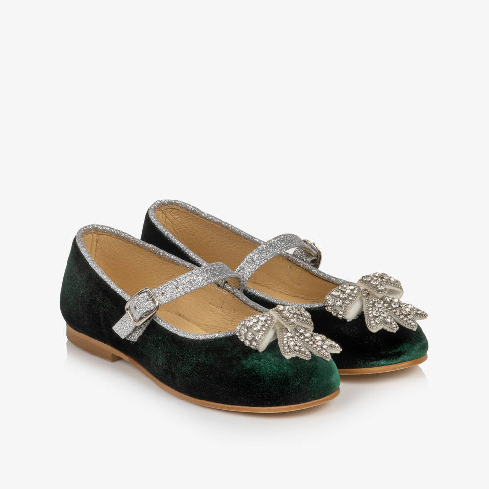 Coeur by Childrensalon-Green Velvet Diamanté Bow Mary Jane Shoes | Childrensalon
