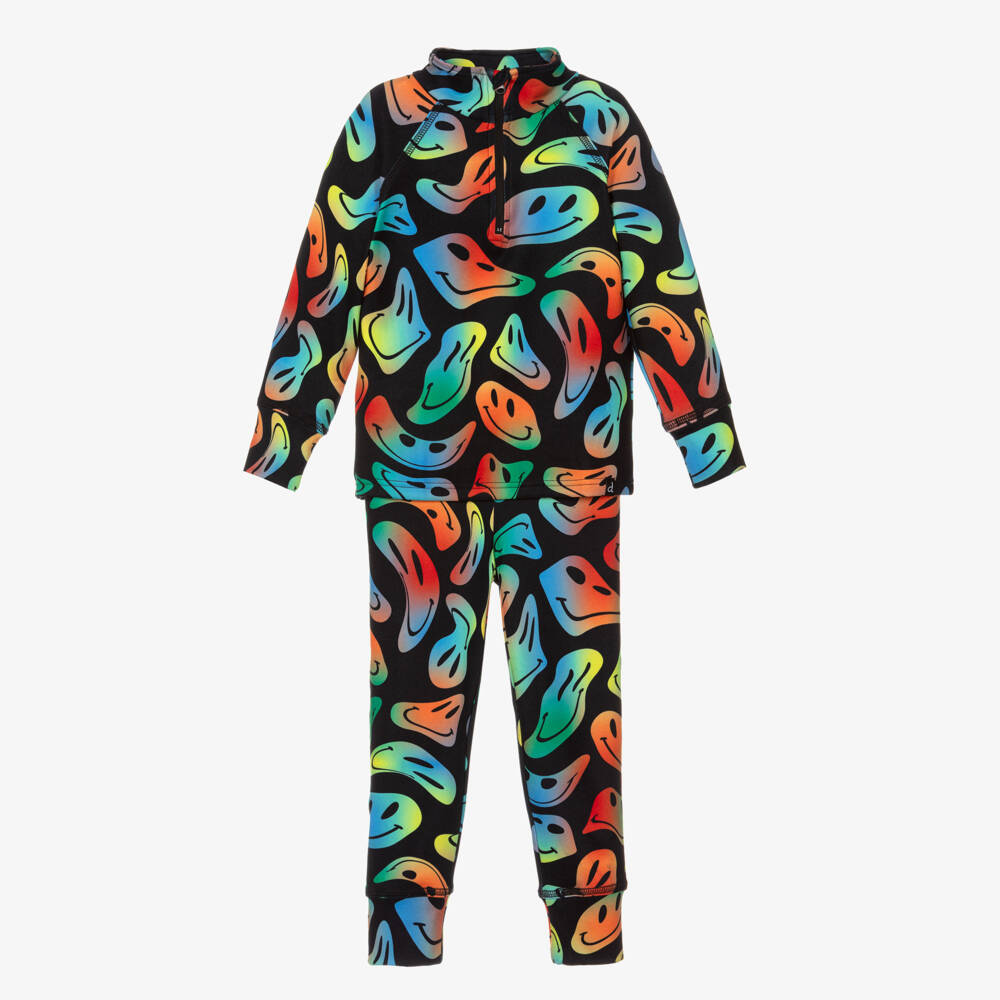 Deux par Deux-Boys Black Smiling Face Print Thermal Base Layer Set | Childrensalon