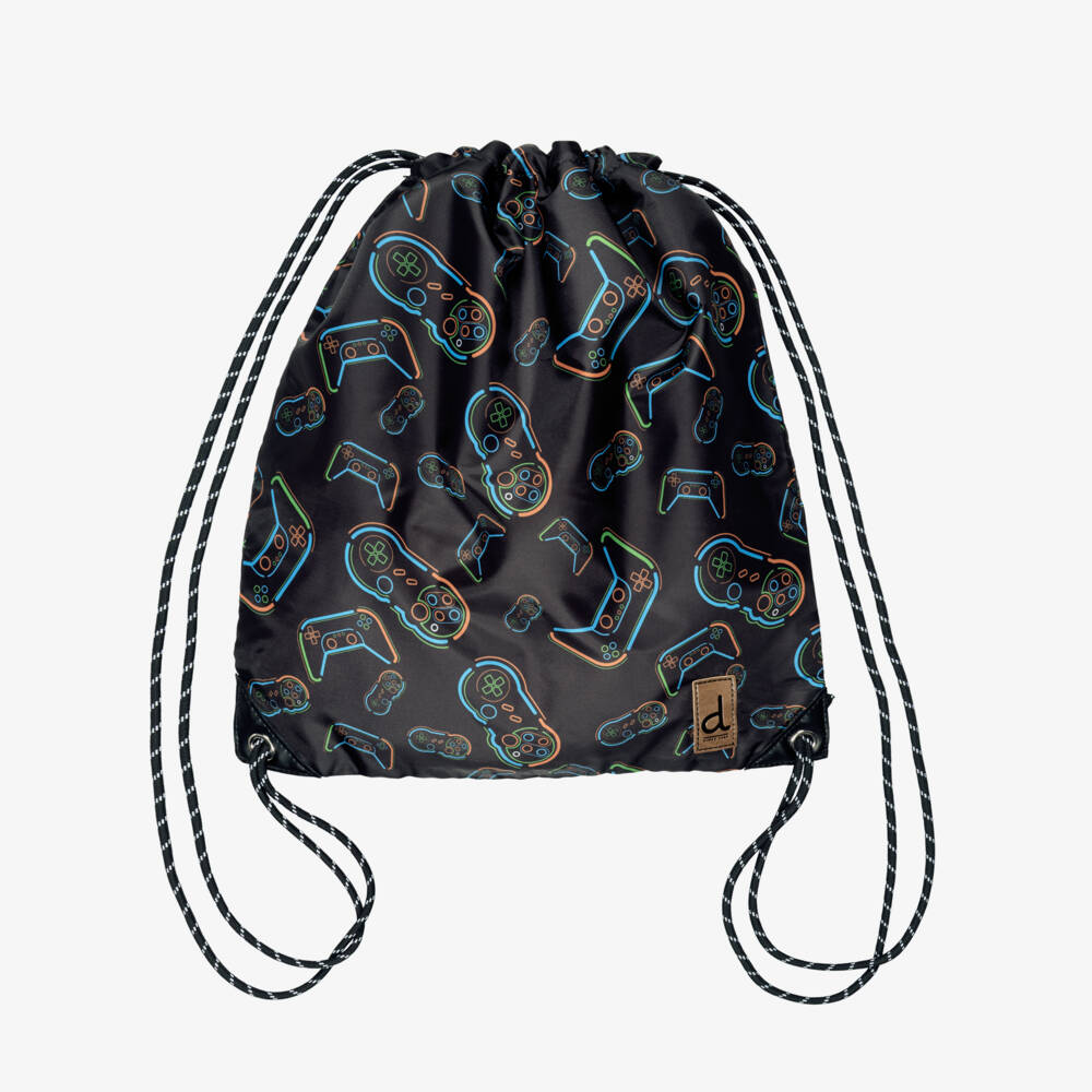 Deux par Deux-Boys Black Video Game Print Drawstring Backpack (39cm) | Childrensalon