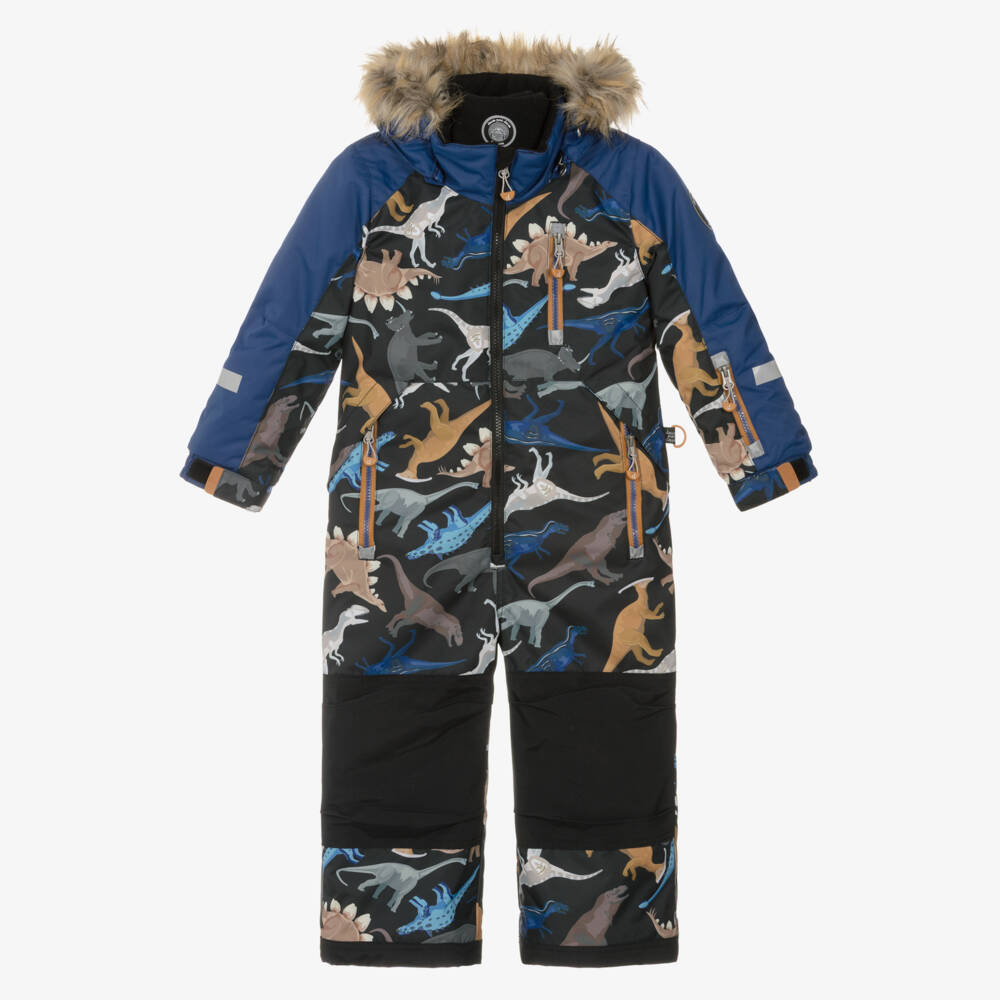 Deux par Deux-Boys Blue & Black Dinosaur Print Snowsuit  | Childrensalon