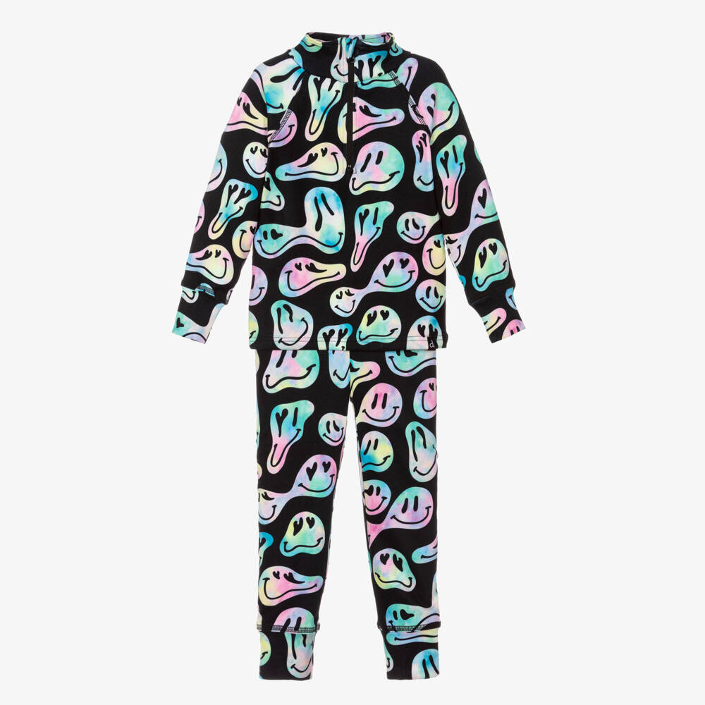Deux par Deux-Girls Black Smiling Face Print Thermal Base Layer Set | Childrensalon
