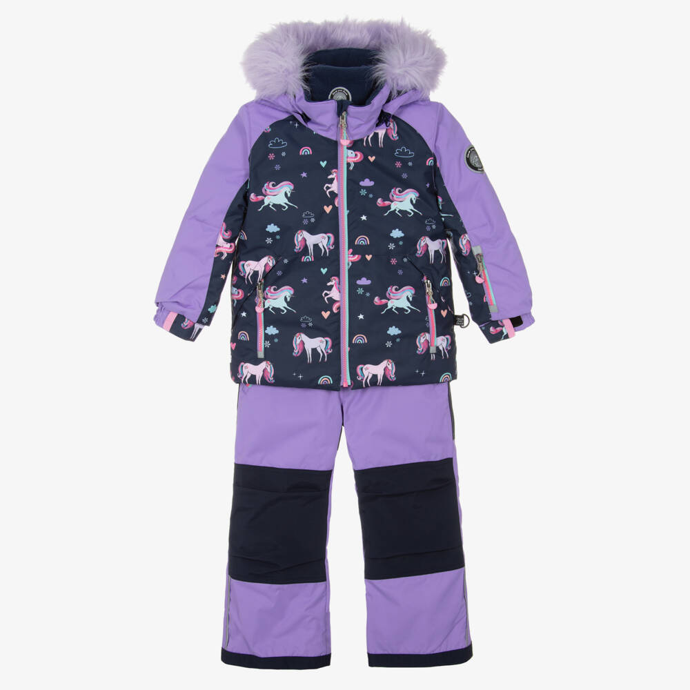 Deux par Deux-Girls Lilac Purple & Navy Blue Unicorn Print Snowsuit | Childrensalon
