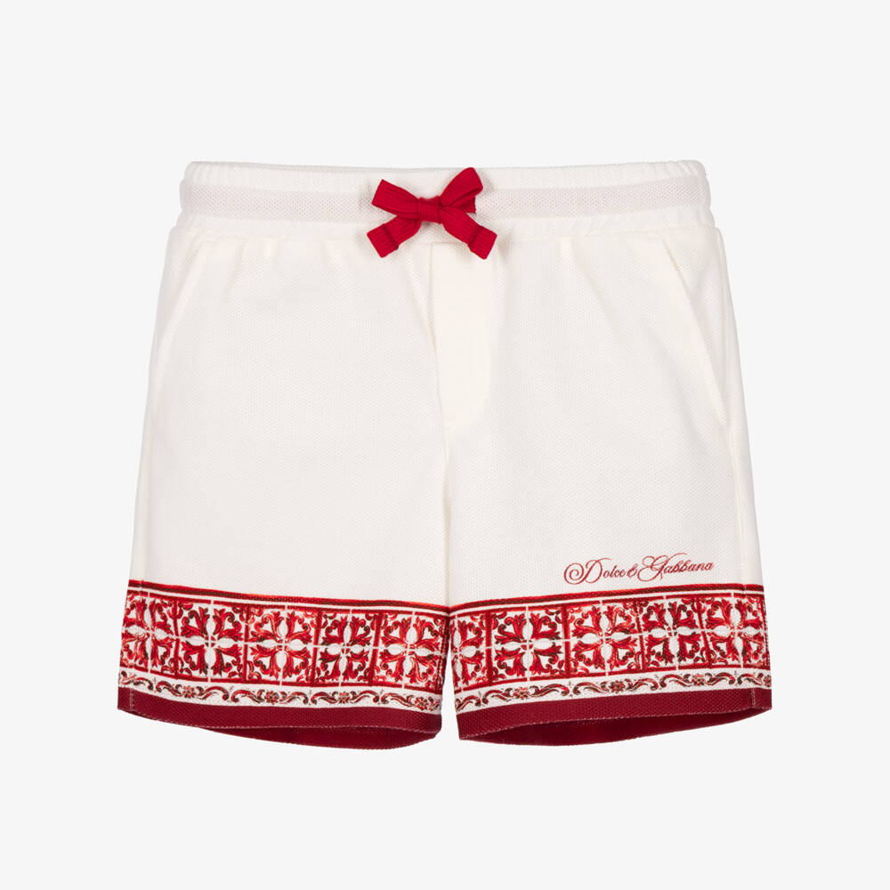 Dolce & Gabbana-Baby Boys Ivory Piqué Shorts with Red Majolica Print | Childrensalon