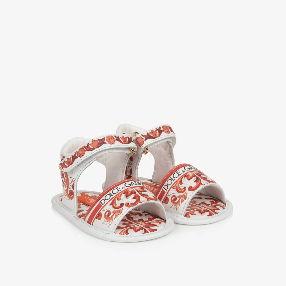 Dolce & Gabbana-Baby Girls Orange Majolica Print Leather Pre-Walker Sandals | Childrensalon