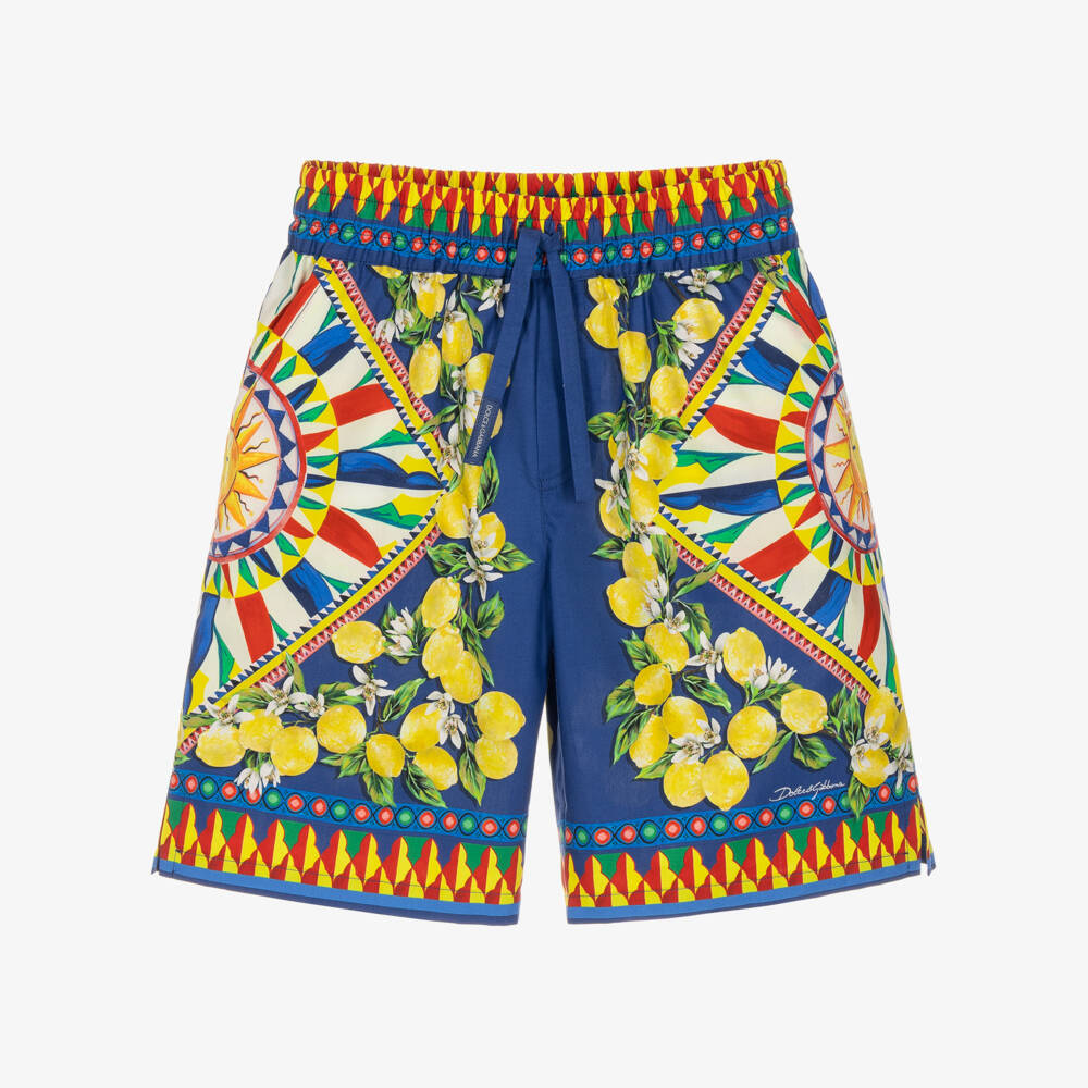 Dolce & Gabbana-Boys Blue & Yellow Carretto Print Poplin Shorts | Childrensalon