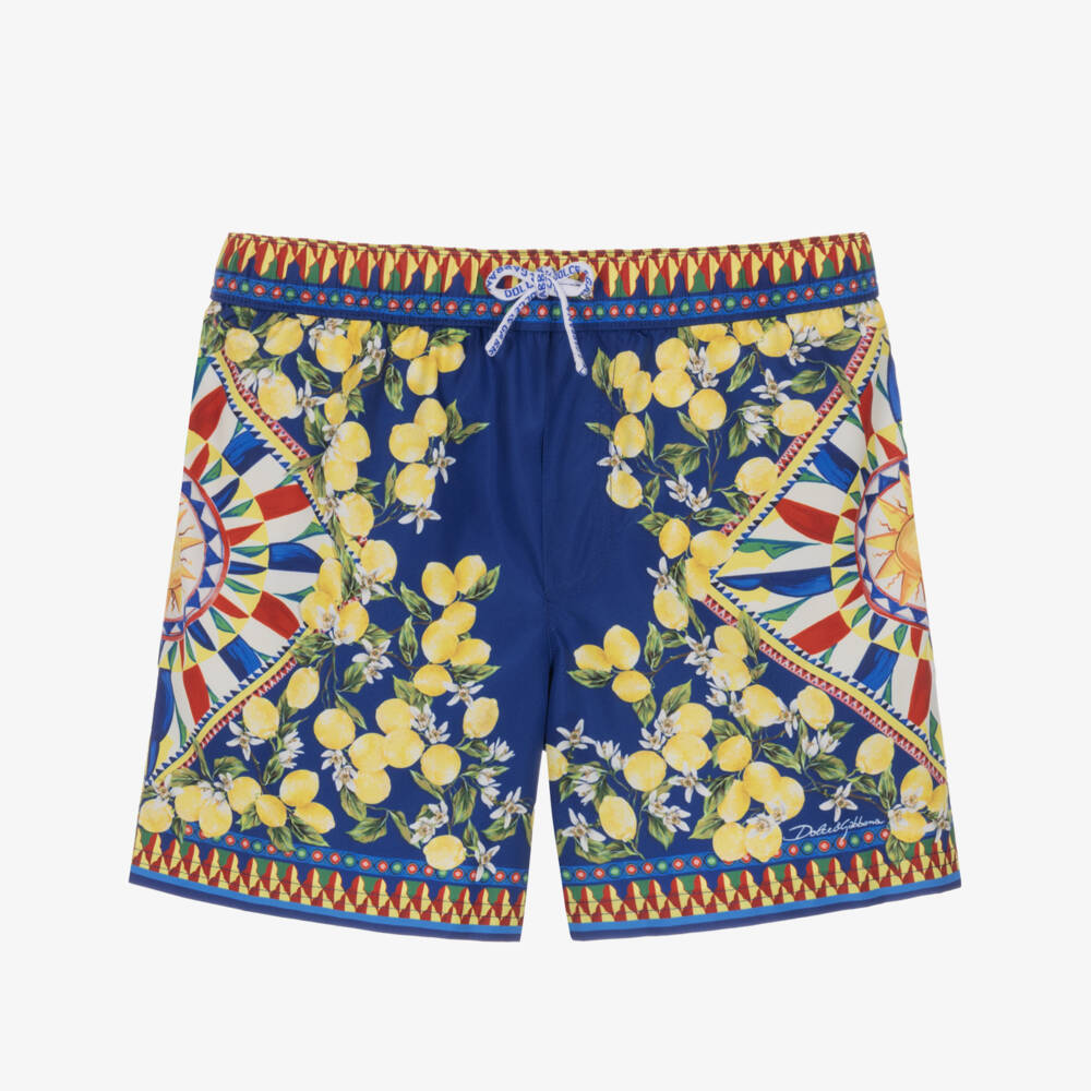 Dolce & Gabbana-Boys Blue & Yellow Carretto Swim Shorts | Childrensalon