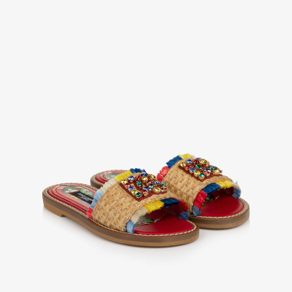 Dolce & Gabbana-Girls Beige Straw Sliders with Jewelled DG Logo | Childrensalon