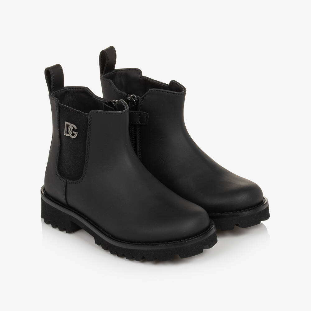 Dolce & Gabbana-Girls Black DG Chelsea Boots in Leather | Childrensalon