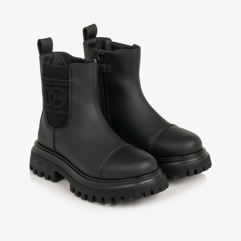 Dolce & Gabbana-Girls Black DG Leather Chelsea Boots with Wool Lining | Childrensalon