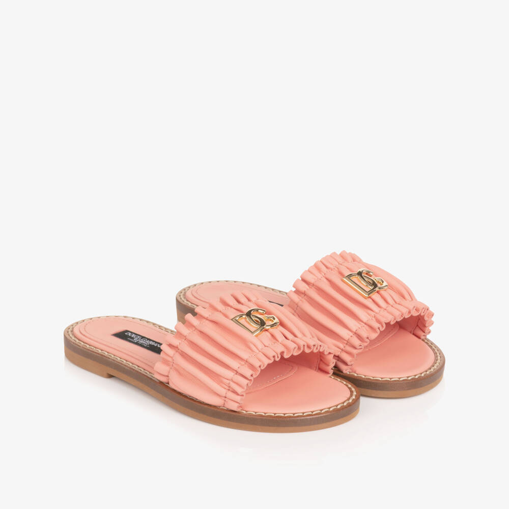 Dolce & Gabbana-Girls Pink Leather Ruffle Sliders with DG Logo  | Childrensalon