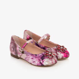 Girls Pink Peony Print Ballerina Pumps