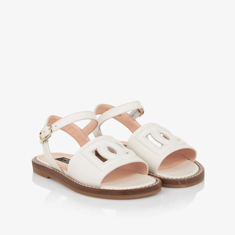 Dolce & Gabbana-Girls White DG Leather Sandals | Childrensalon