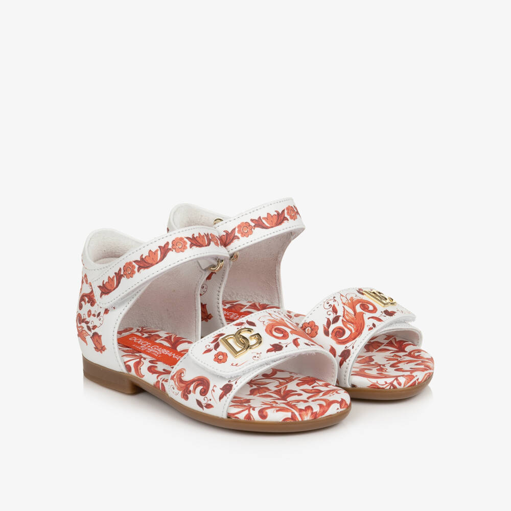 Dolce & Gabbana-Girls White & Orange Majolica Print Leather Sandals | Childrensalon