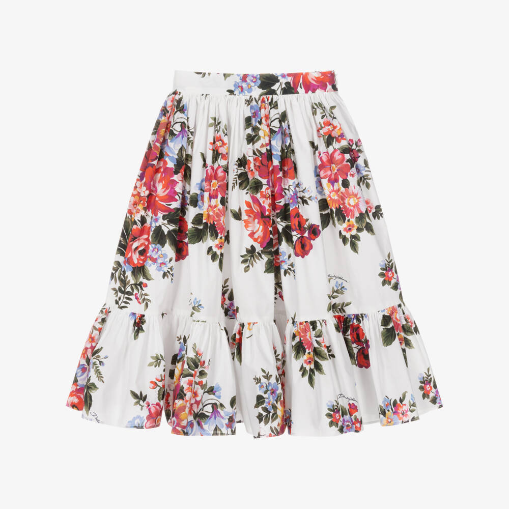 Dolce & Gabbana-Girls White & Red Floral Cotton Maxi Skirt | Childrensalon