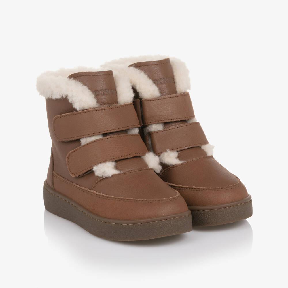 Donsje-Boys Brown Leather Clenn Boots with Fleece Lining | Childrensalon