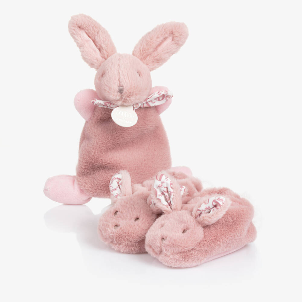 Doudou et Compagnie-Girls Pink Plush Bunny Slippers & Comforter Set (15cm)  | Childrensalon