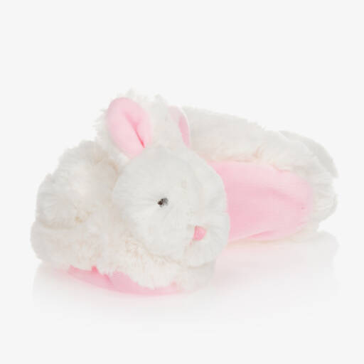 Doudou et Compagnie-White & Pink Plush Rattle Baby Slippers | Childrensalon