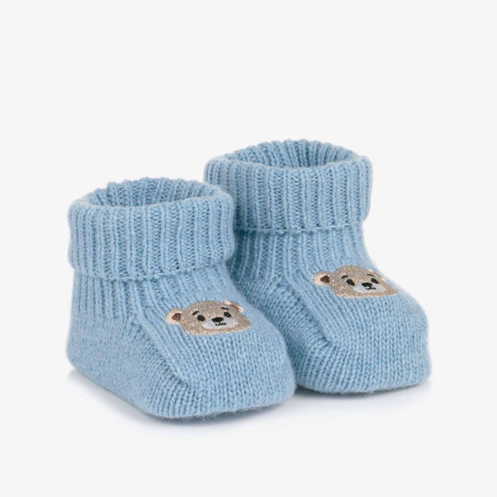 Dr. Kid-Baby Boys Blue Knitted Booties with Embroidered Bears | Childrensalon