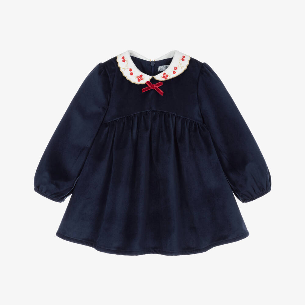 Dr. Kid-Girls Navy Blue Velvet Dress with Embroidered Collar | Childrensalon