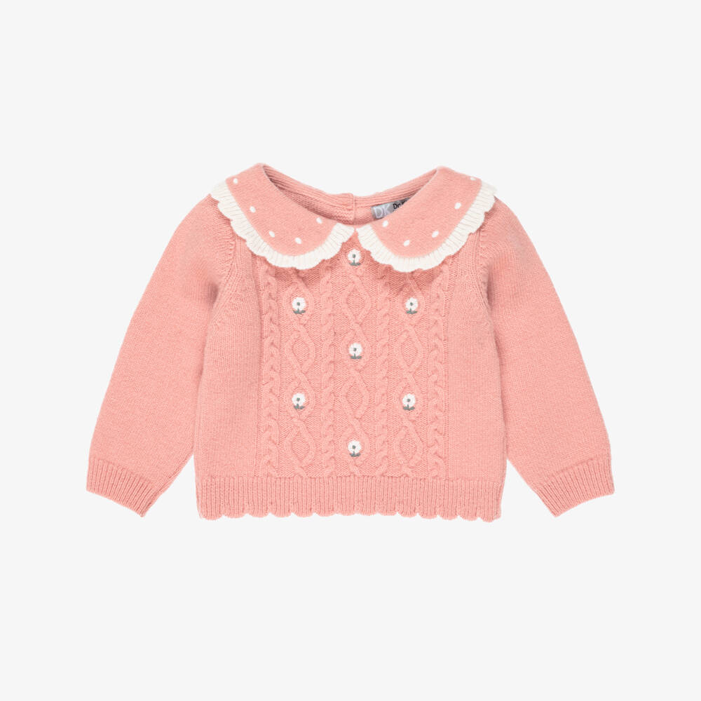 Dr. Kid-Girls Pink Wool Knit Sweater with White Flowers | Childrensalon