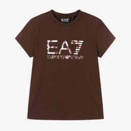 Girls Brown Cotton T-Shirt with Floral EA7 Logo