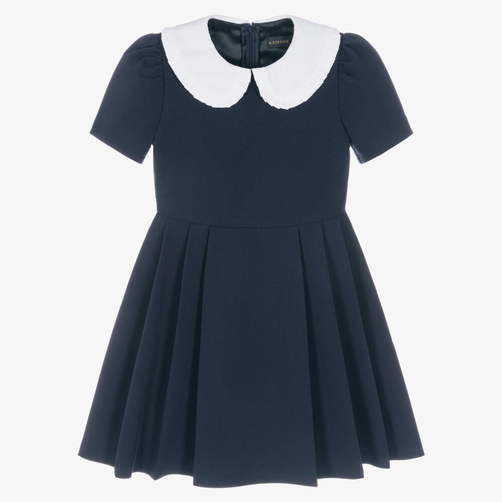 EIRENE-Girls Navy Blue Pleated Dress with White Collar | Childrensalon