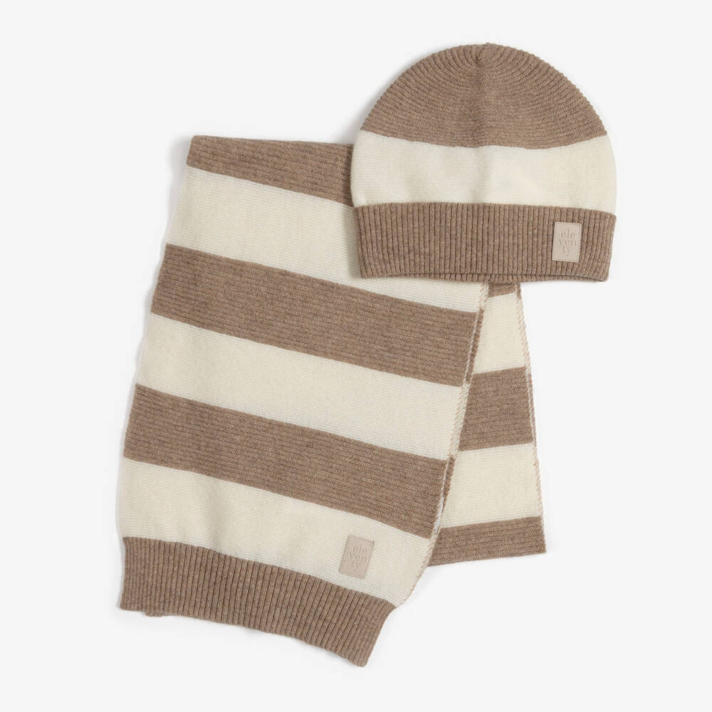 Eleventy-Boys Ivory & Beige Stripe Wool Hat & Scarf Set | Childrensalon