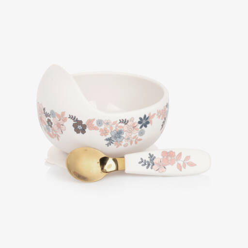 Elodie-Baby Girls Ivory Floral Feeding Bowl & Spoon Set | Childrensalon