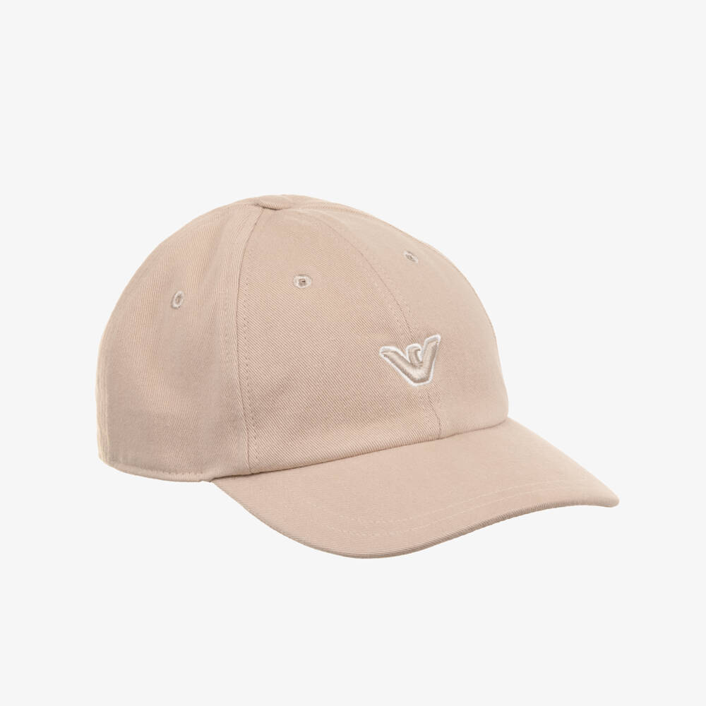 Emporio Armani-Boys Beige Cotton Twill Cap with Eagle Logo | Childrensalon