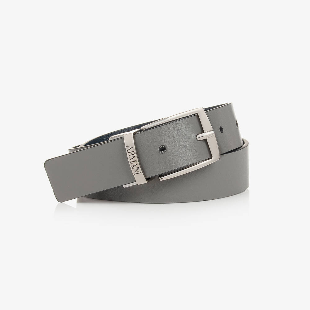 Emporio Armani-Boys Blue & Grey Reversible Faux Leather Belt | Childrensalon