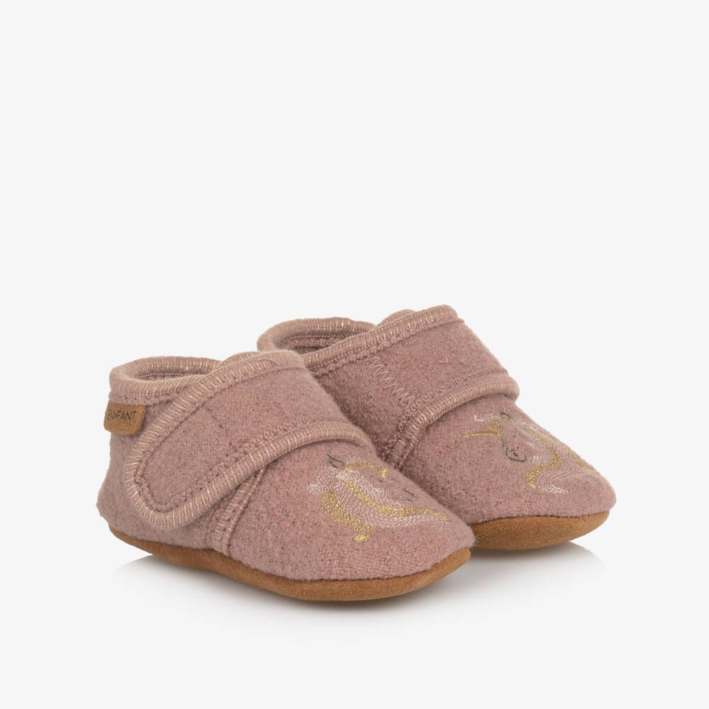EN FANT-Girls Pink Boiled Wool Unicorn Slippers | Childrensalon