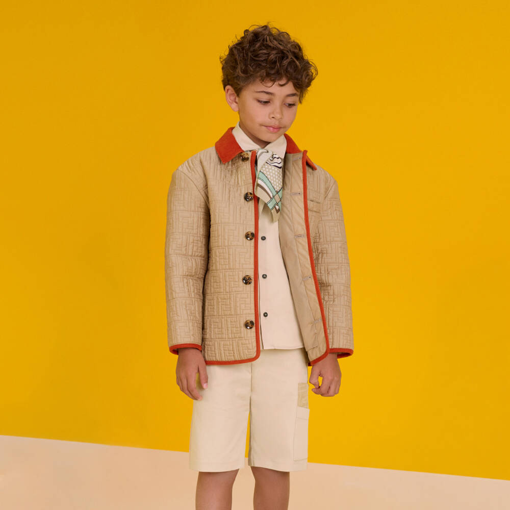 Fendi-Boys Beige FF Jacquard Panel Cotton Shirt | Childrensalon