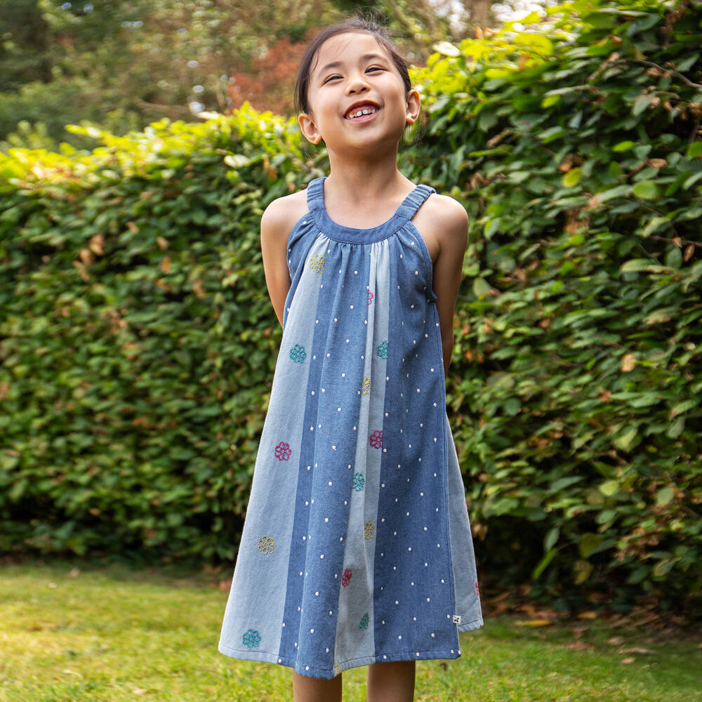 Frugi-Girls Blue Denim Trapeze Dress with Embroidered Flowers | Childrensalon
