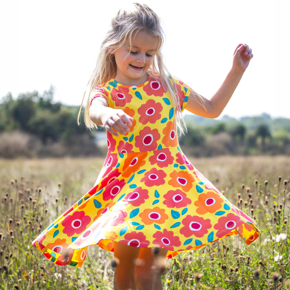 Frugi-Girls Yellow Floral Print Organic Cotton Jersey Dress | Childrensalon