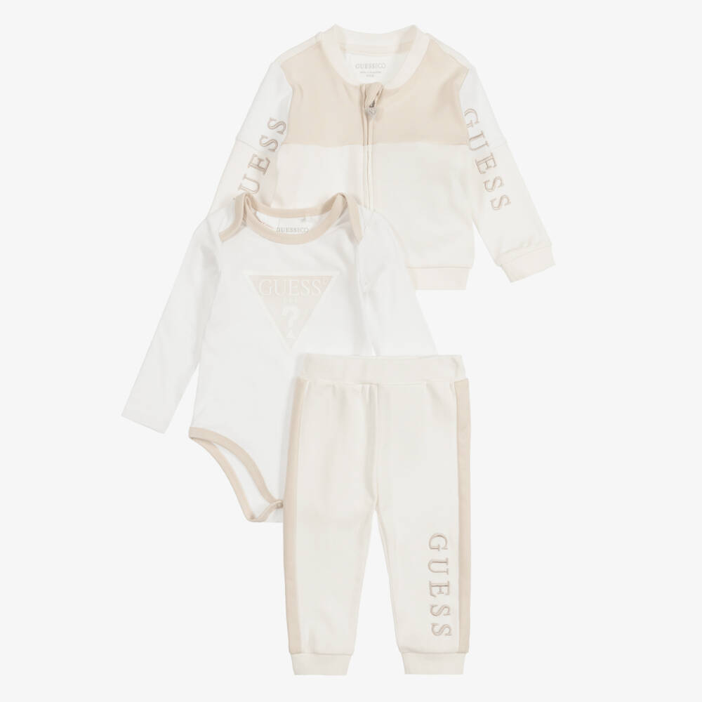 Guess-Baby Cotton Tracksuit Set in Ivory & Beige  | Childrensalon