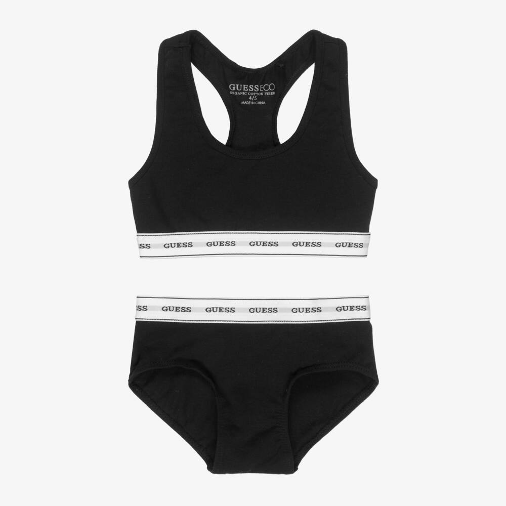 Guess-Girls Black Cotton Bra Top Knickers Set | Childrensalon