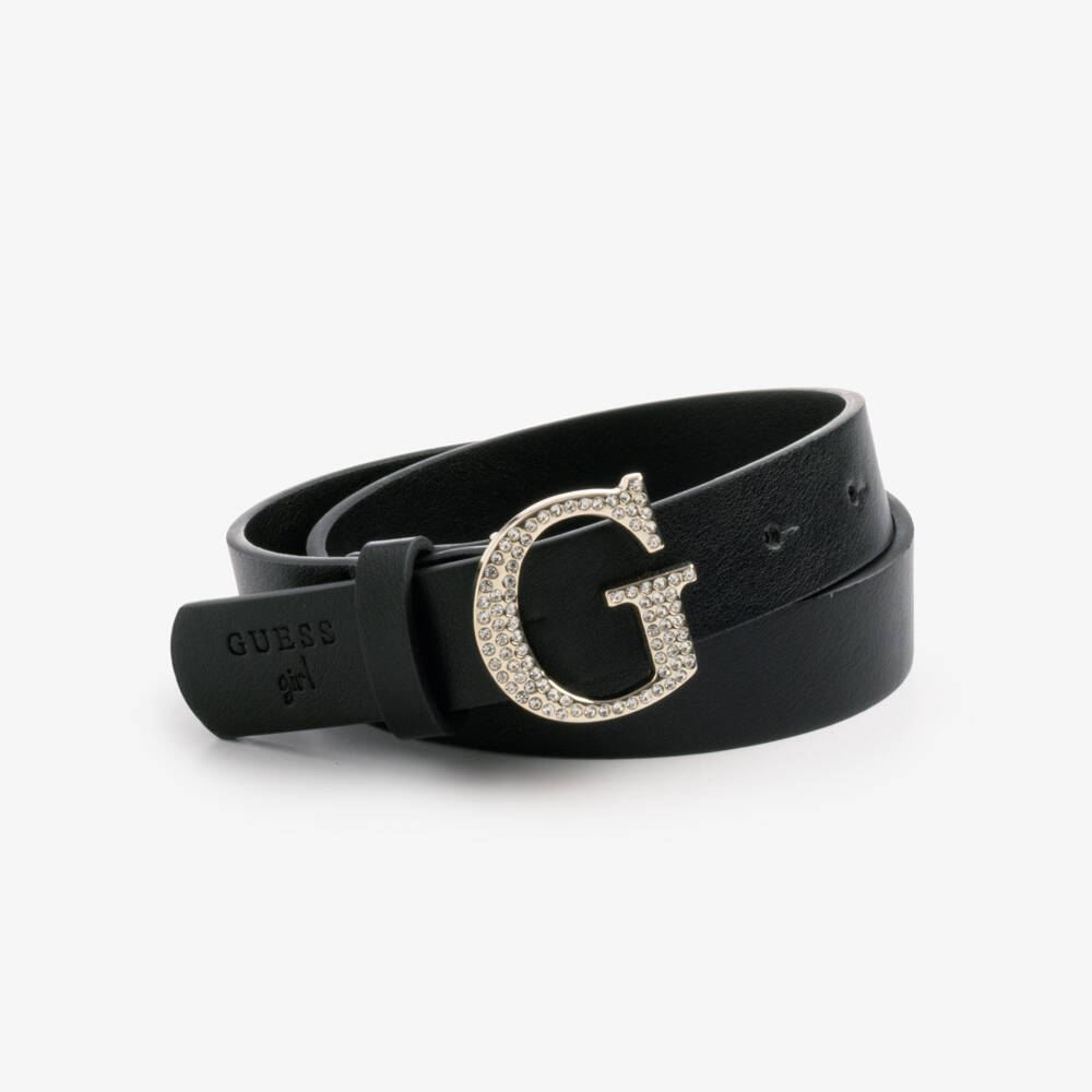 Guess-Girls Black Faux Leather Belt with Diamanté Monogram Buckle | Childrensalon