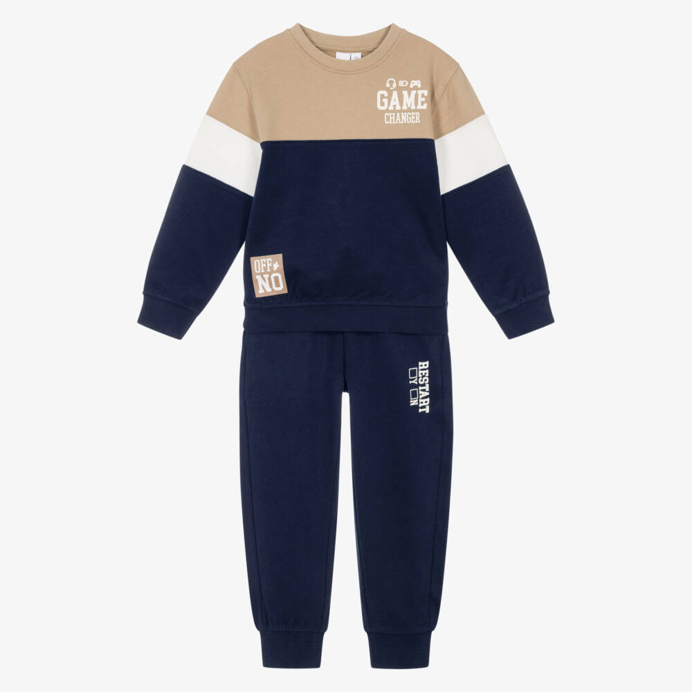 iDO-Boys Navy Blue & Beige Cotton Tracksuit | Childrensalon