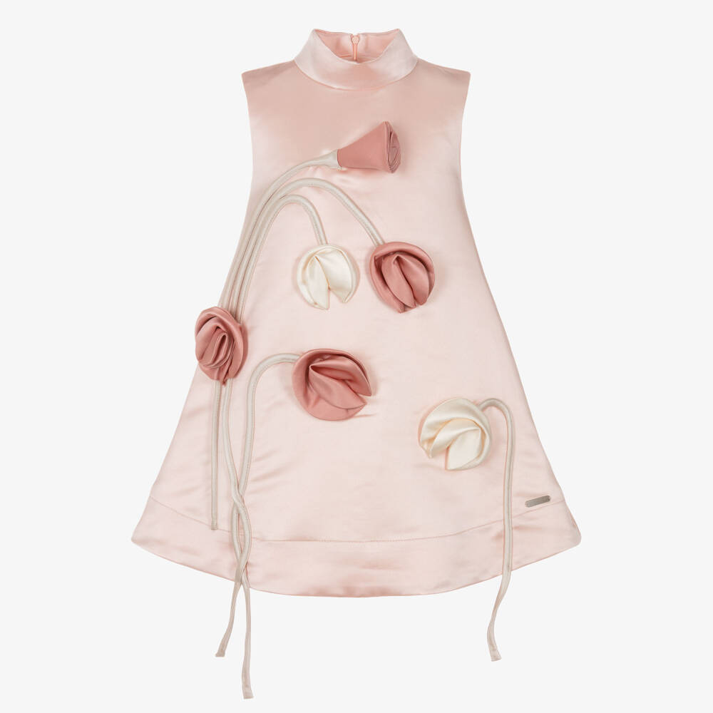 Jessie and James London-Girls Pale Pink Satin Dress with 3D Flowers | Childrensalon